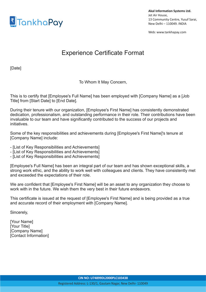 Experience Certificate Format