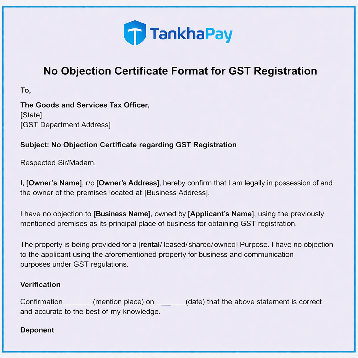No Objection Certificate (NOC) format for GST Registration by TankhaPay