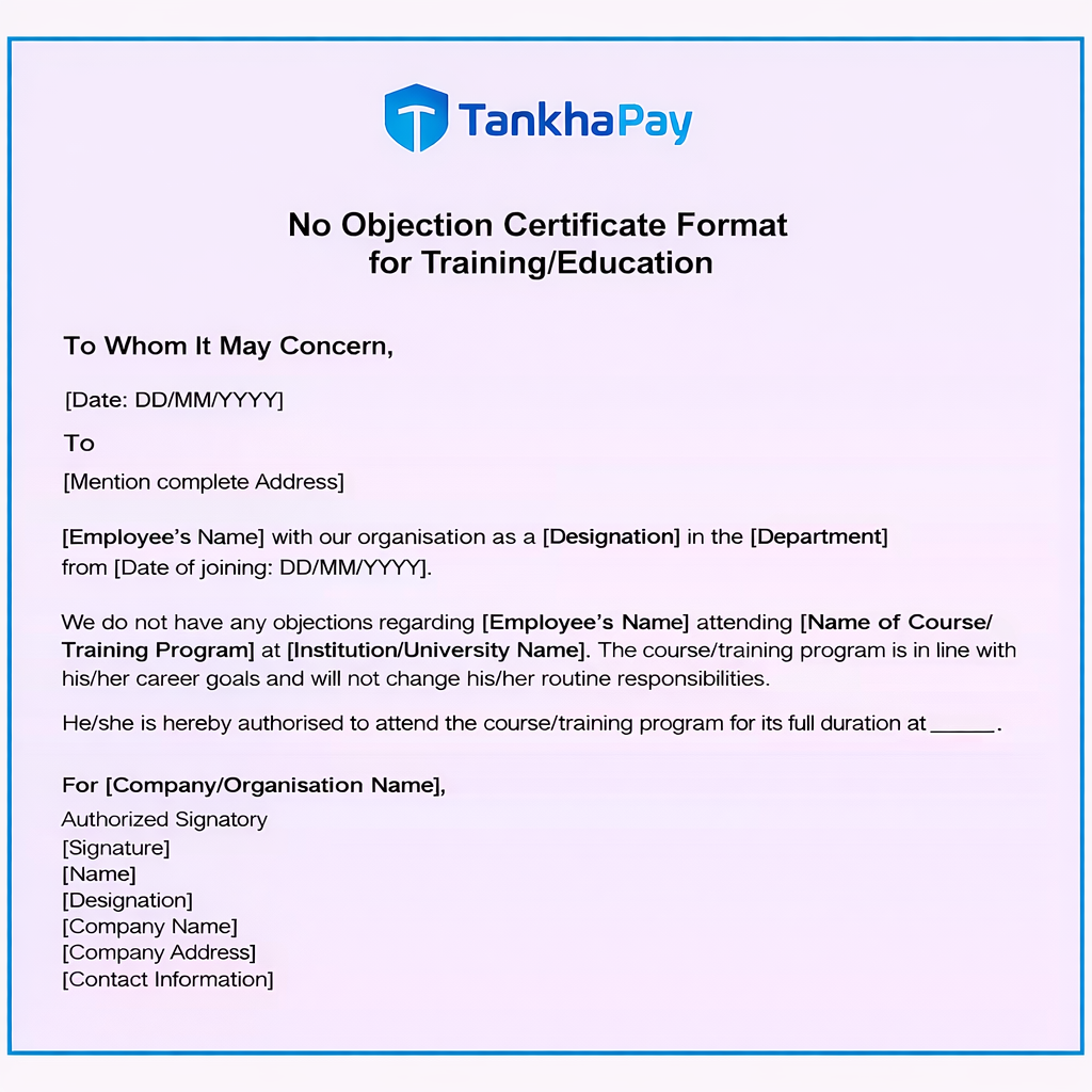 No Objection Certificate (NOC) format for Training/Education by TankhaPay, showing a sample employer letter approving an employee's course or training program.