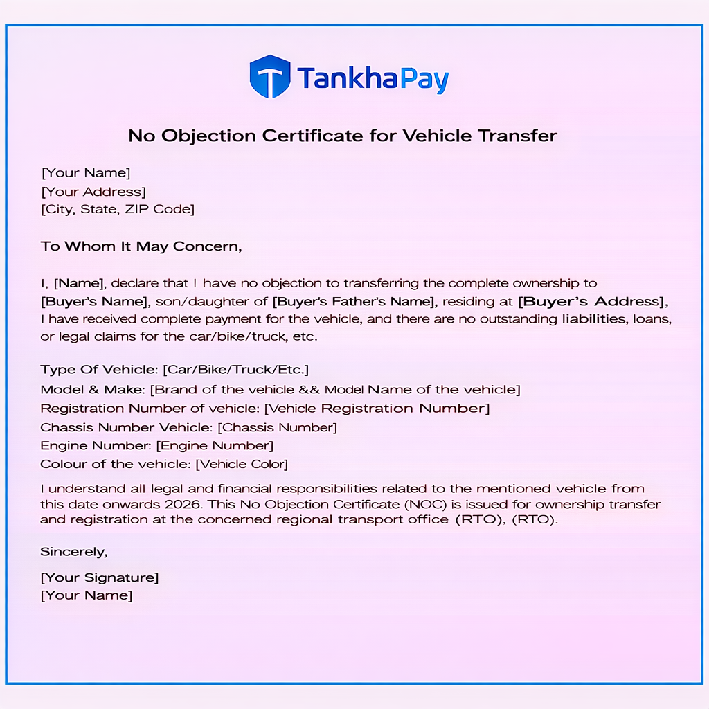 No Objection Certificate format for vehicle transfer showing a sample NOC letter issued by a bank or financier to authorize ownership transfer of a vehicle.