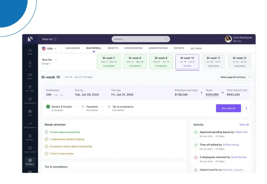 Image is display the payroll software dashboard of KeKa