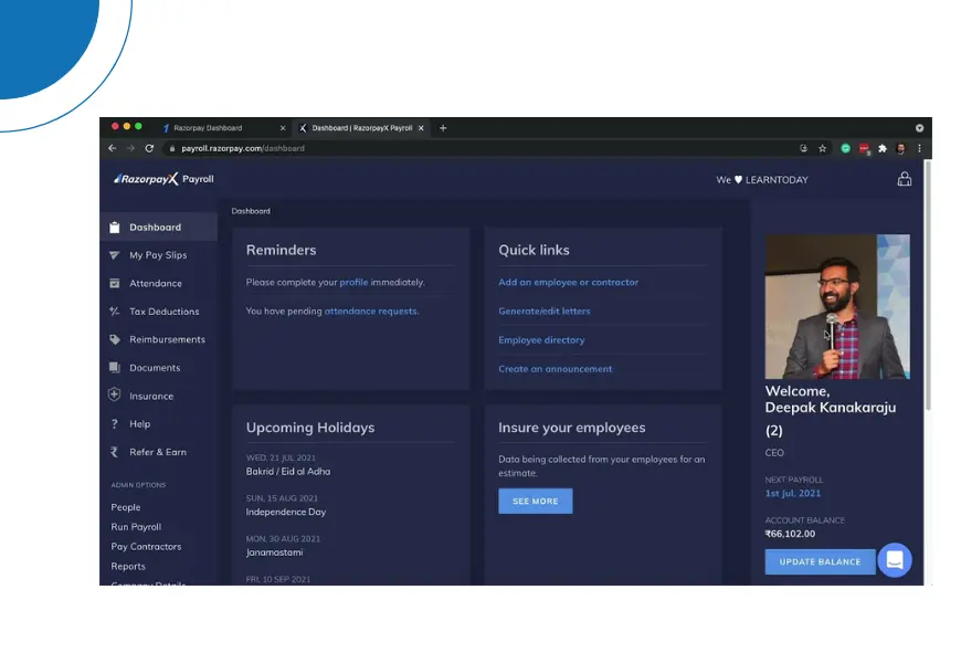Image is display the payroll software dashboard of Rozarpay