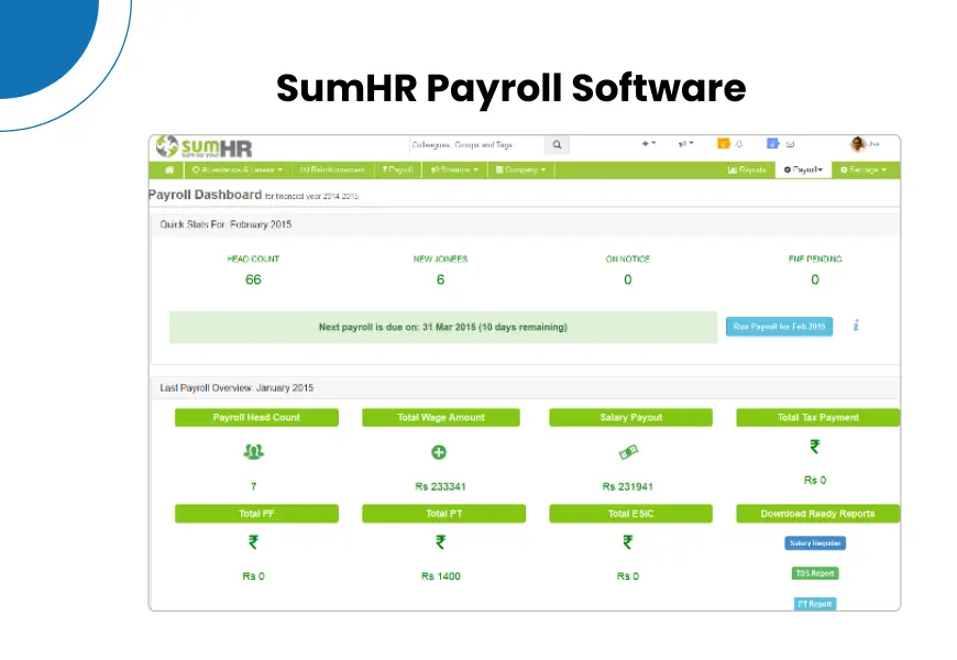 Image is display the payroll software dashboard of SumHR