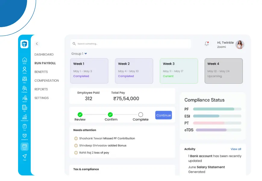 Image is display the payroll software dashboard of Tankhapay