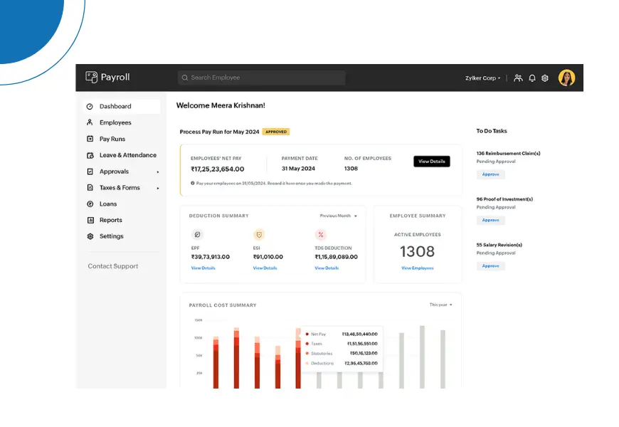 Image is display the payroll software dashboard of ZohoHR
