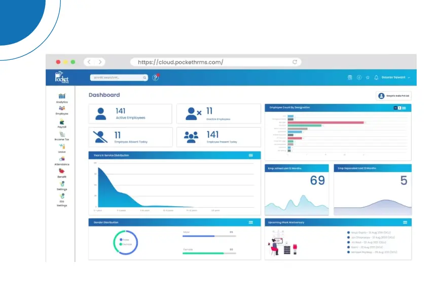 Image is display the payroll software dashboard of PocketHRMS